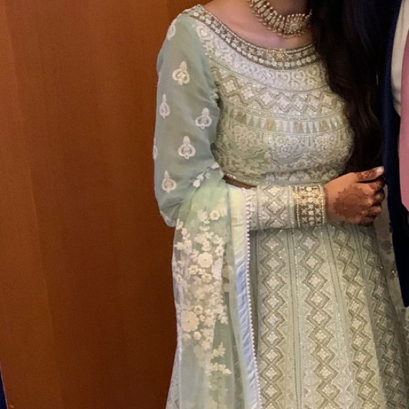 Mint Green Lace Chikinkari Lengha - Picture 2 of 8